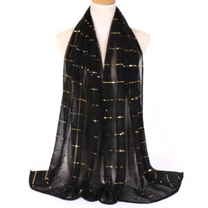 Sparkling Black Gold & Silver Sheer Metallic Scarf Shawl